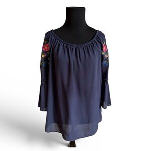 Va Va Kacie Embroidered Navy Off The Shoulder Blouse Size S